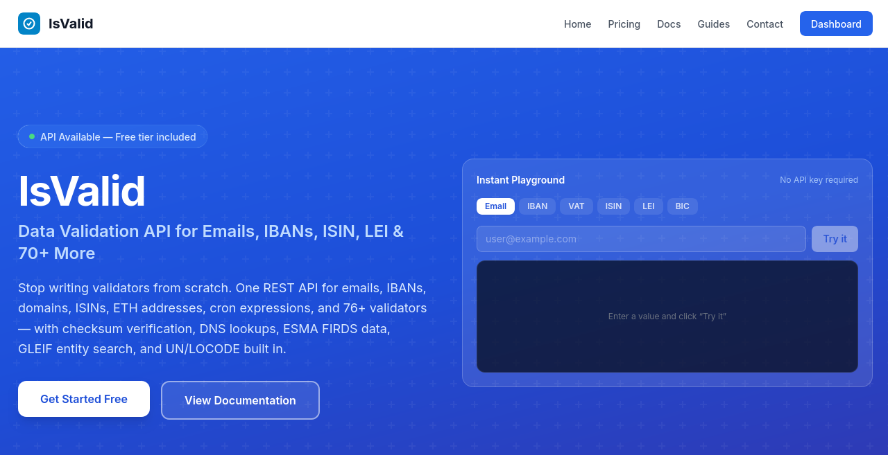 Validate emails, IBANs, BIC codes, LEI, ISIN, credit cards & 70+ more with a single REST API. - Product Image